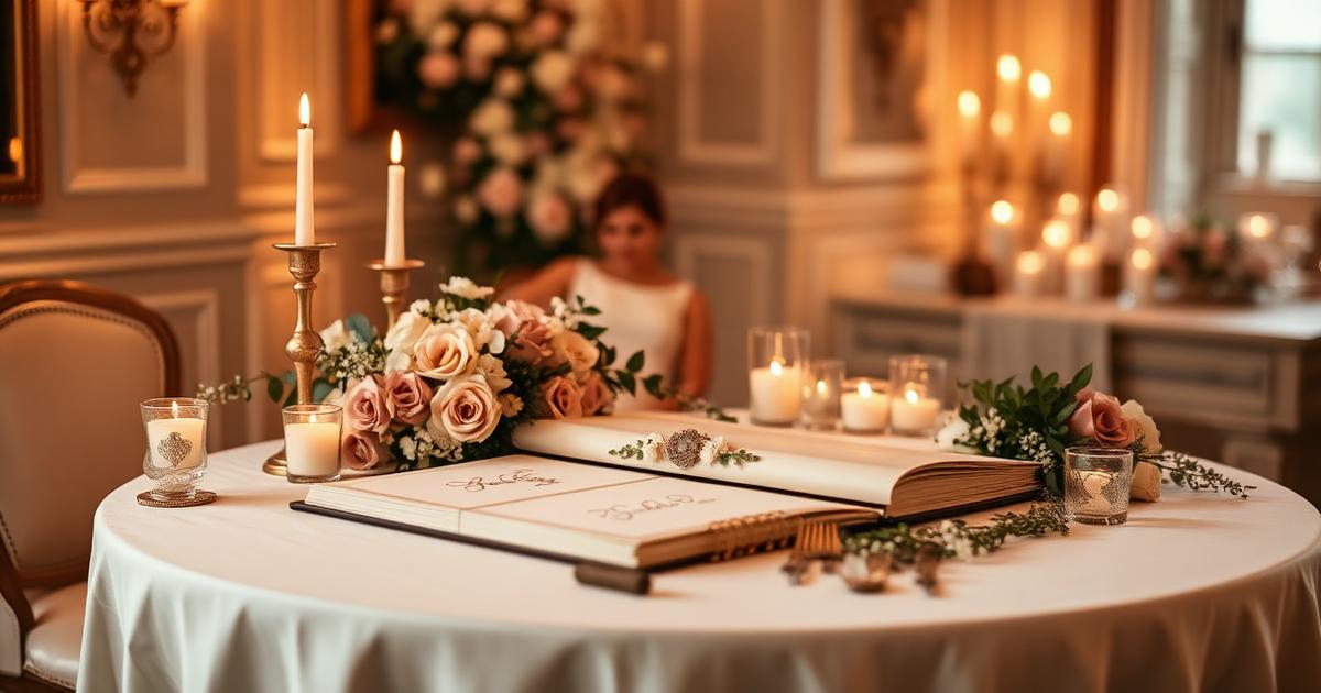 Livre d'or mariage numérique 2026 avec QR code sur table de réception et messages en temps réel