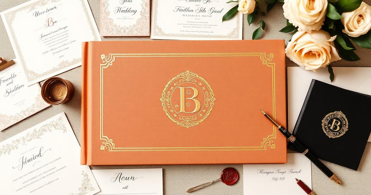 Livre d'or personnalisé avec monogramme doré entouré de papeterie de mariage