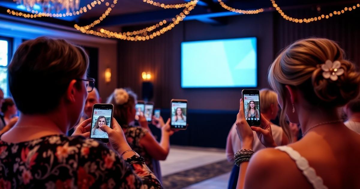 Invités de mariage enregistrant des messages vidéo sur smartphones avec écran géant en arrière-plan